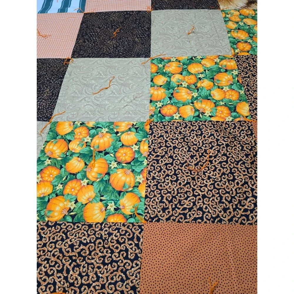 New Handmade Patchwork Quilt Fall Harvest Pumpkin Autumn Theme Cozy Bedding/0191